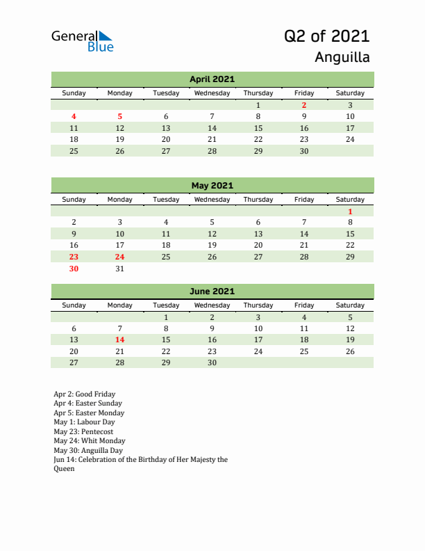 Quarterly Calendar 2021 with Anguilla Holidays