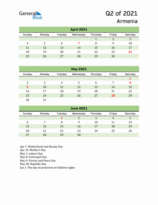 Quarterly Calendar 2021 with Armenia Holidays