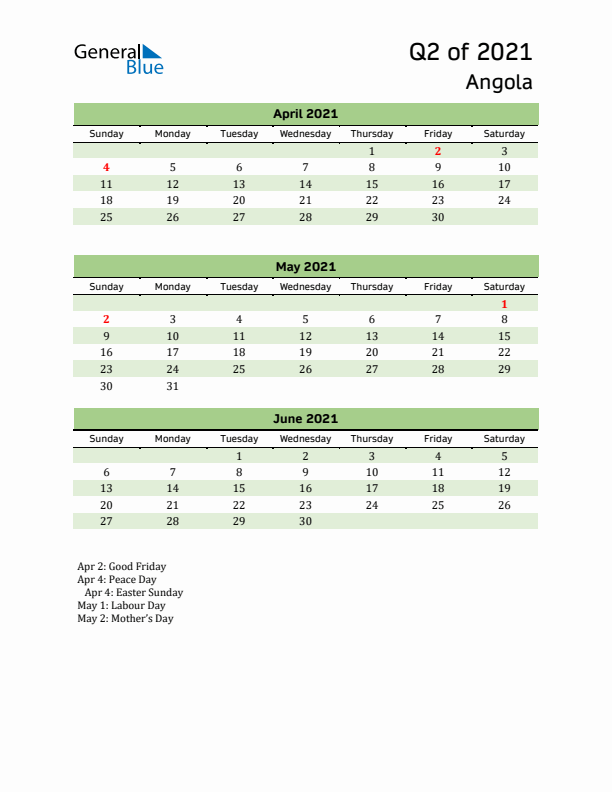 Quarterly Calendar 2021 with Angola Holidays