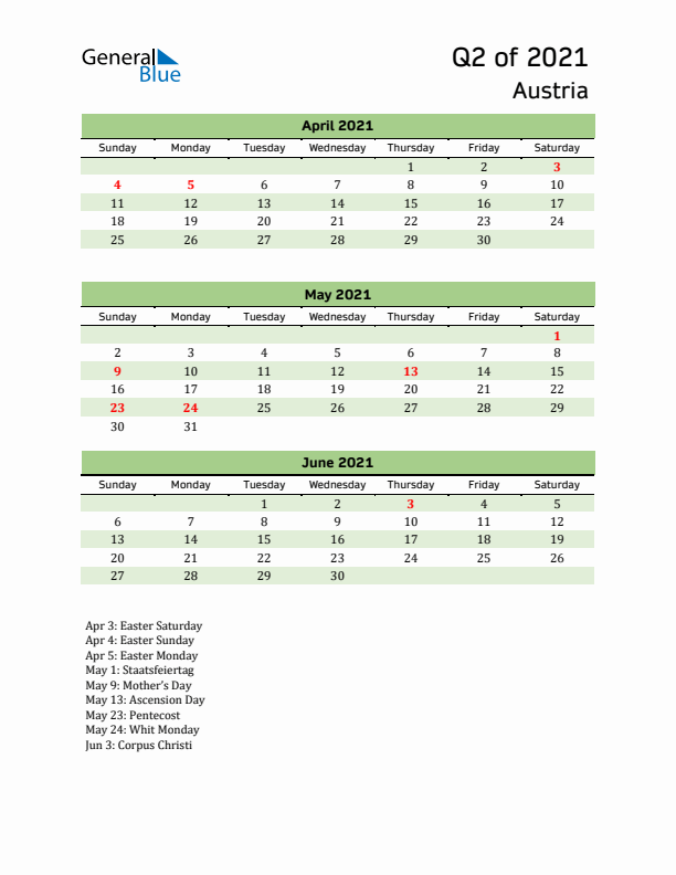 Quarterly Calendar 2021 with Austria Holidays