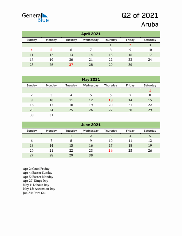 Quarterly Calendar 2021 with Aruba Holidays