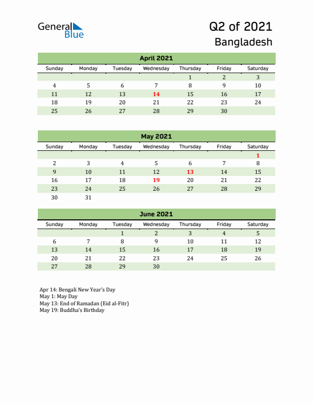 Quarterly Calendar 2021 with Bangladesh Holidays