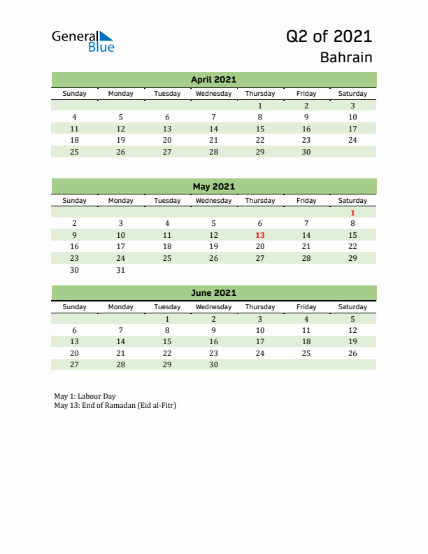 Quarterly Calendar 2021 with Bahrain Holidays