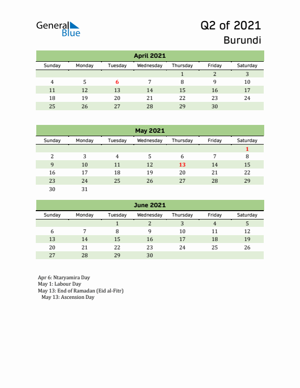 Quarterly Calendar 2021 with Burundi Holidays