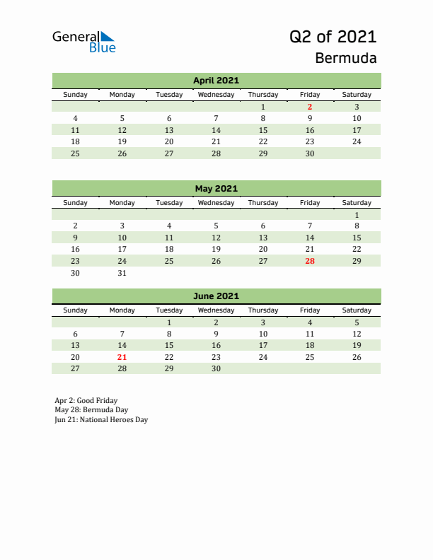 Quarterly Calendar 2021 with Bermuda Holidays