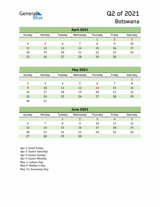 Quarterly Calendar 2021 with Botswana Holidays