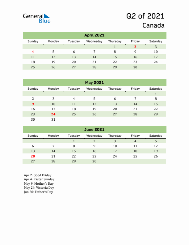 Quarterly Calendar 2021 with Canada Holidays