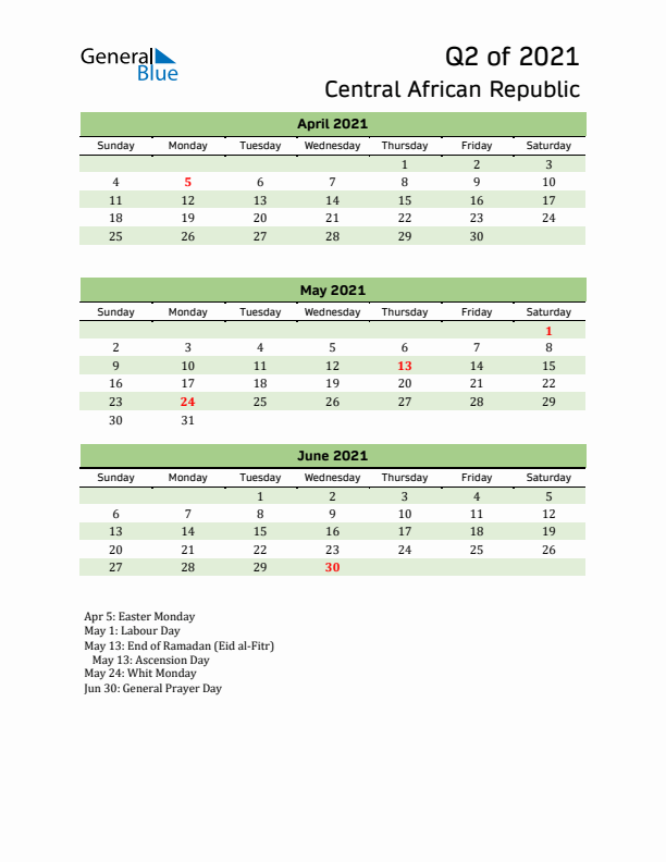 Quarterly Calendar 2021 with Central African Republic Holidays