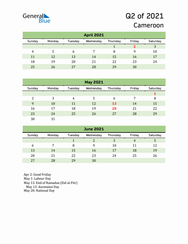 Quarterly Calendar 2021 with Cameroon Holidays