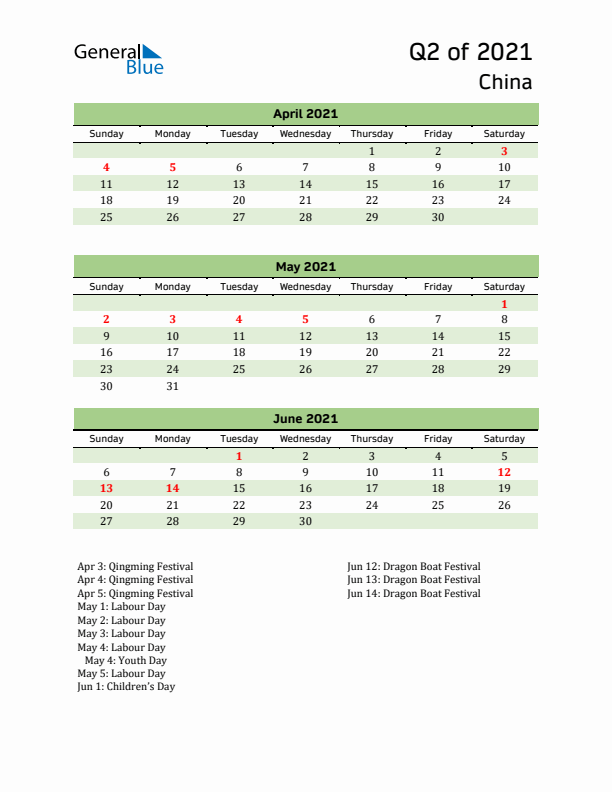 Quarterly Calendar 2021 with China Holidays