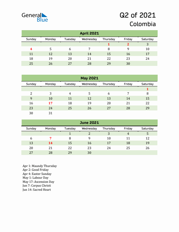 Quarterly Calendar 2021 with Colombia Holidays