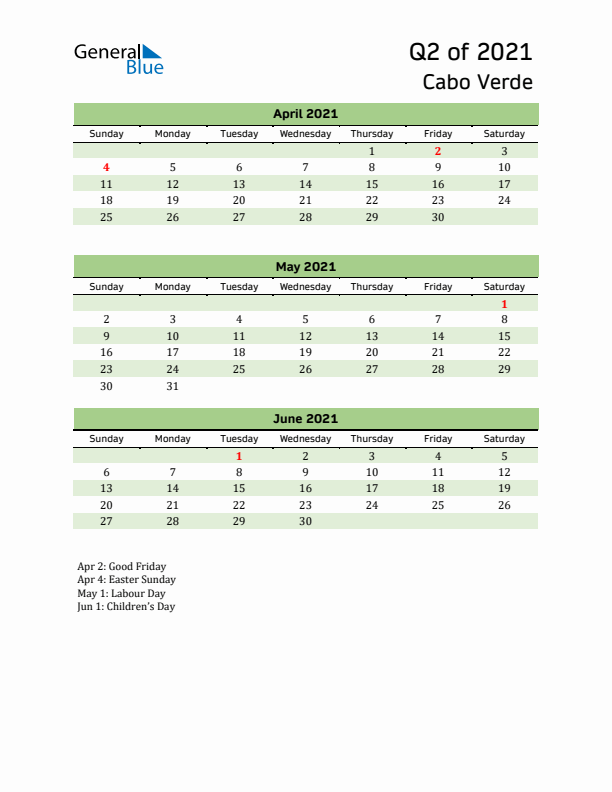 Quarterly Calendar 2021 with Cabo Verde Holidays