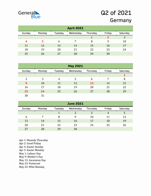 Quarterly Calendar 2021 with Germany Holidays