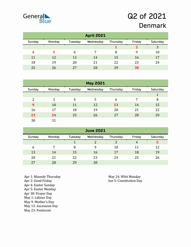 Quarterly Calendar 2021 with Denmark Holidays