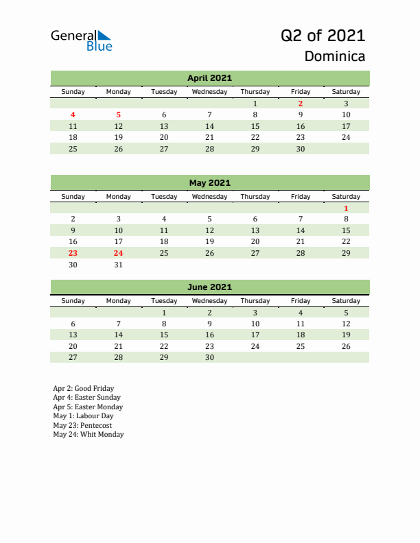 Quarterly Calendar 2021 with Dominica Holidays