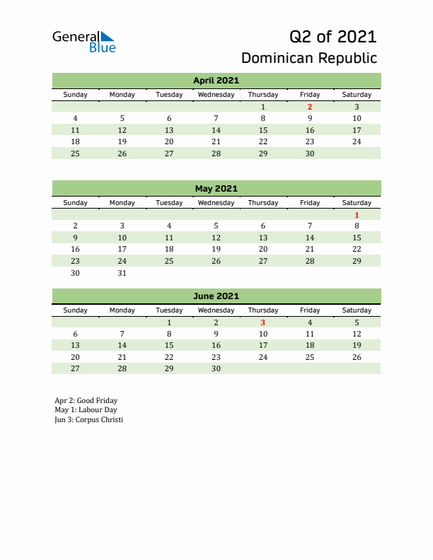 Quarterly Calendar 2021 with Dominican Republic Holidays