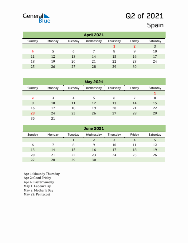 Quarterly Calendar 2021 with Spain Holidays