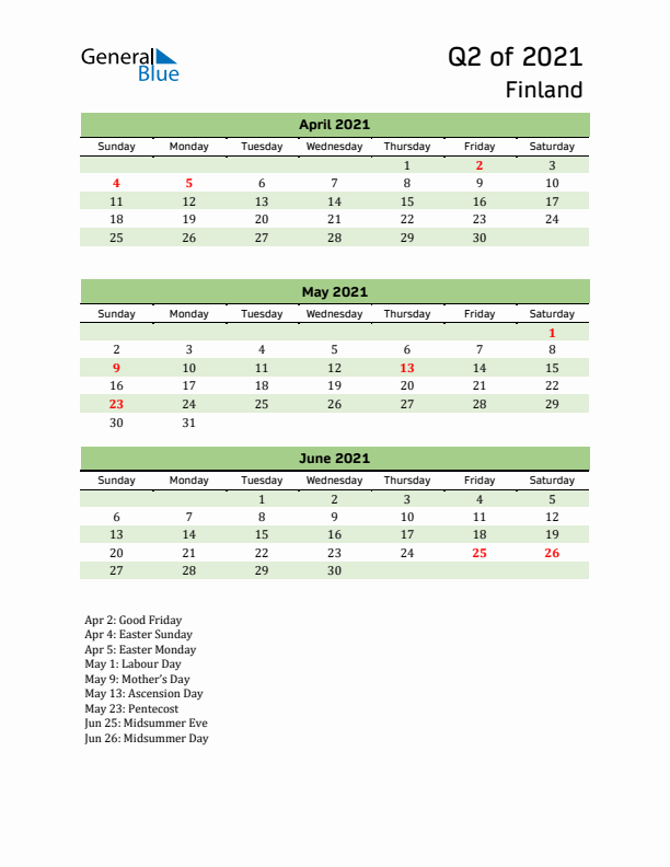 Quarterly Calendar 2021 with Finland Holidays