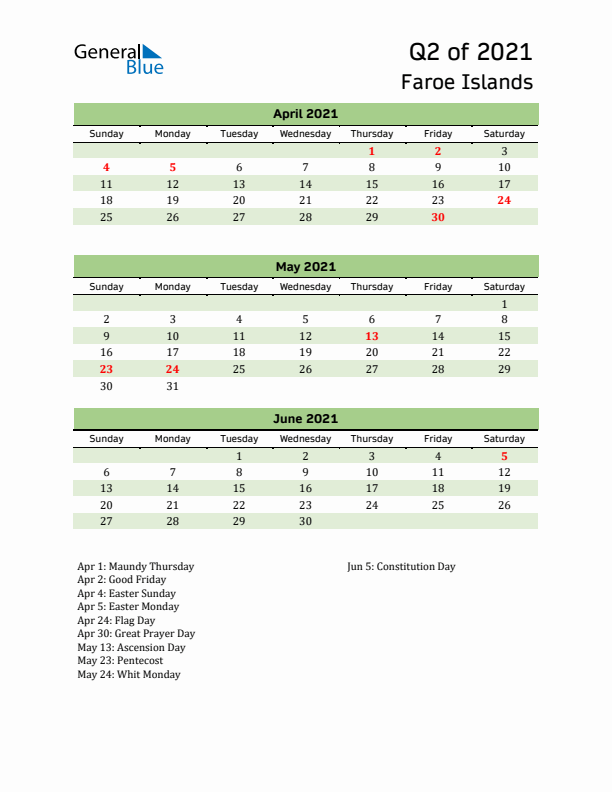 Quarterly Calendar 2021 with Faroe Islands Holidays