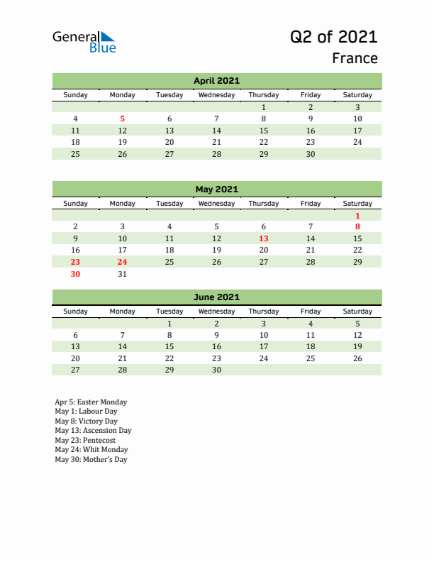 Quarterly Calendar 2021 with France Holidays