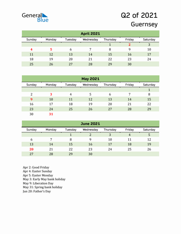 Quarterly Calendar 2021 with Guernsey Holidays