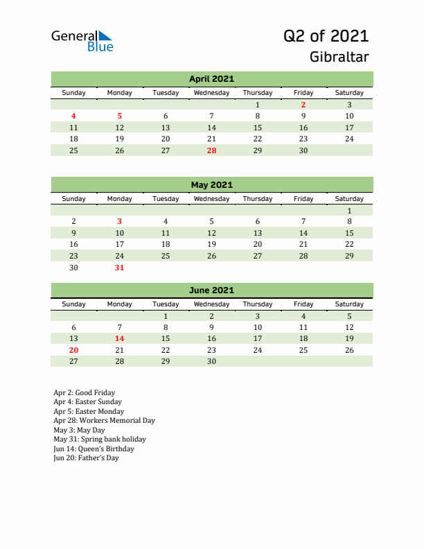 Quarterly Calendar 2021 with Gibraltar Holidays