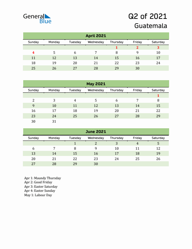 Quarterly Calendar 2021 with Guatemala Holidays