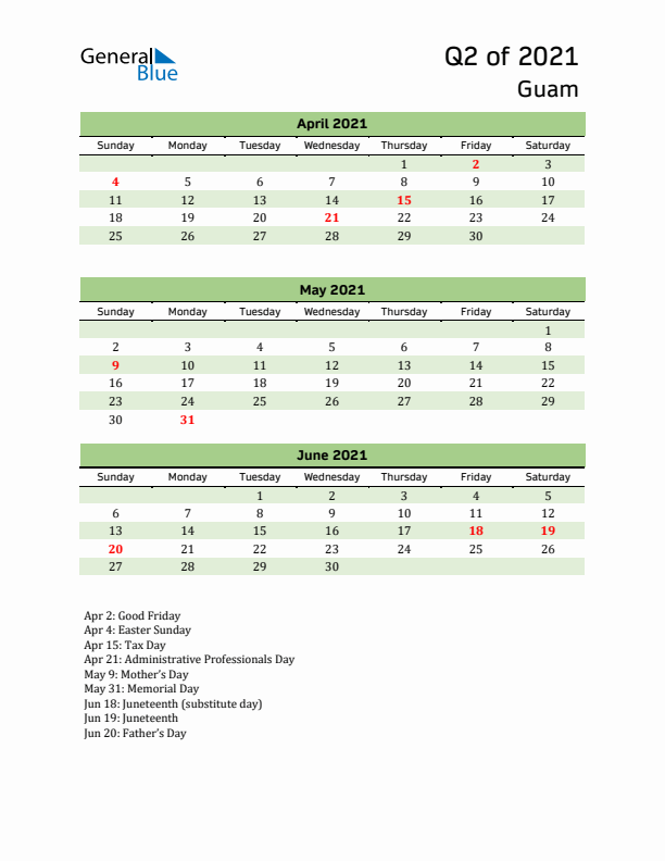 Quarterly Calendar 2021 with Guam Holidays