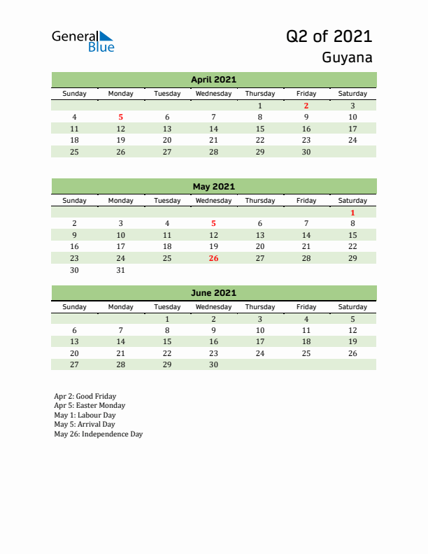 Quarterly Calendar 2021 with Guyana Holidays