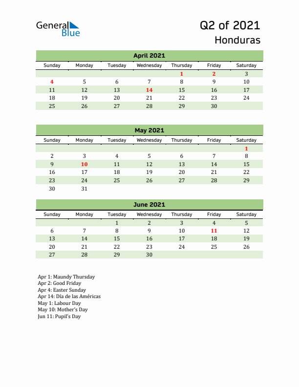 Quarterly Calendar 2021 with Honduras Holidays