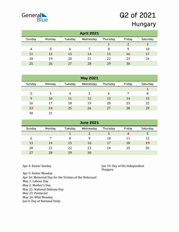 Quarterly Calendar 2021 with Hungary Holidays