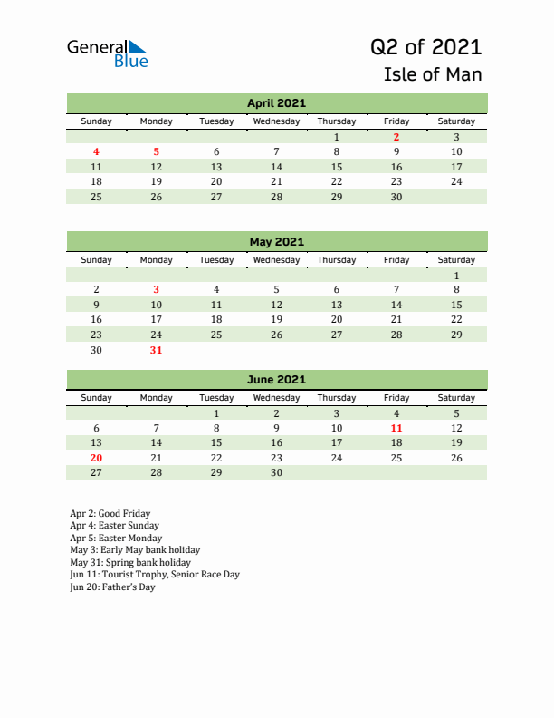 Quarterly Calendar 2021 with Isle of Man Holidays