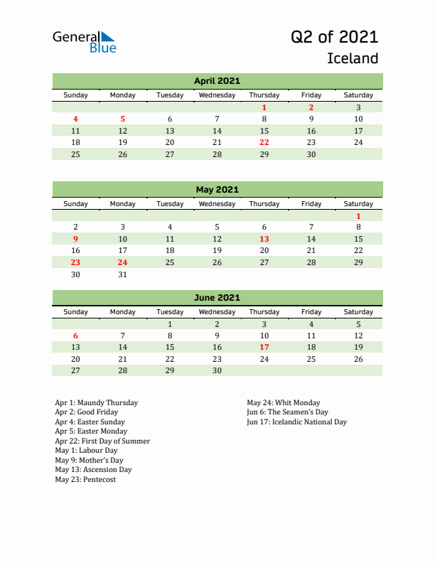 Quarterly Calendar 2021 with Iceland Holidays