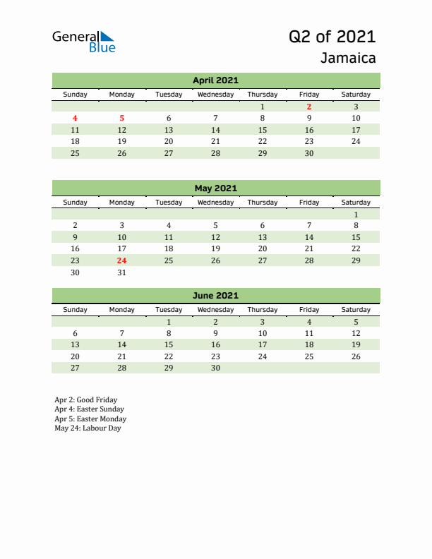 Quarterly Calendar 2021 with Jamaica Holidays