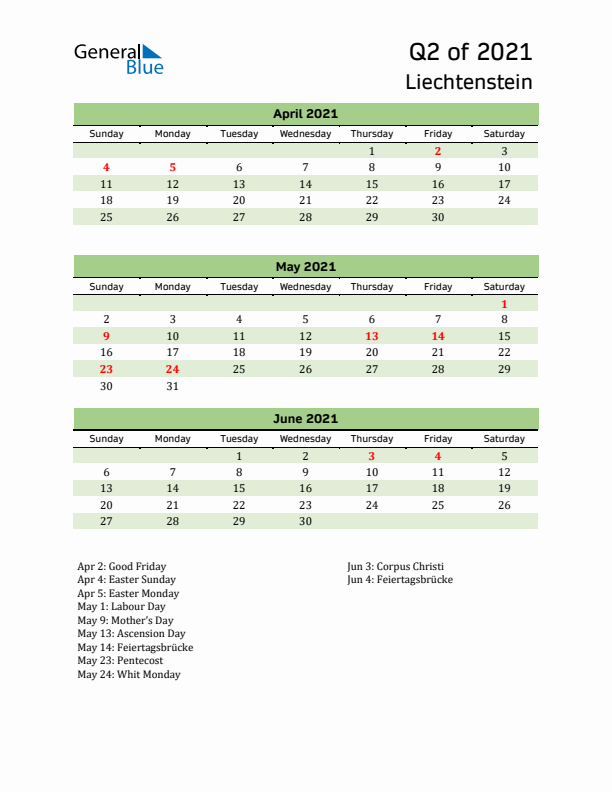 Quarterly Calendar 2021 with Liechtenstein Holidays