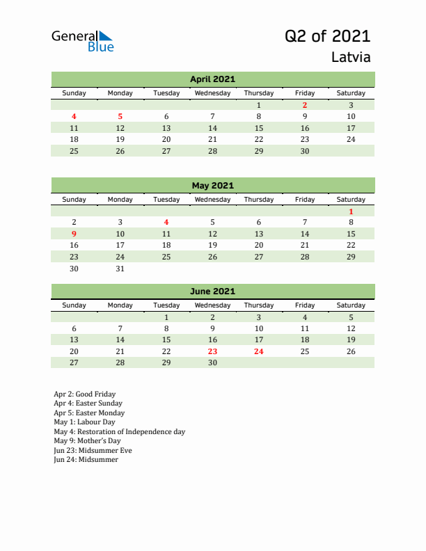 Quarterly Calendar 2021 with Latvia Holidays