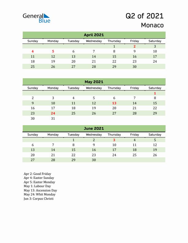 Quarterly Calendar 2021 with Monaco Holidays