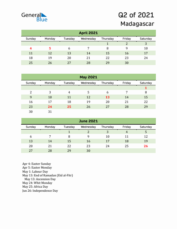 Quarterly Calendar 2021 with Madagascar Holidays