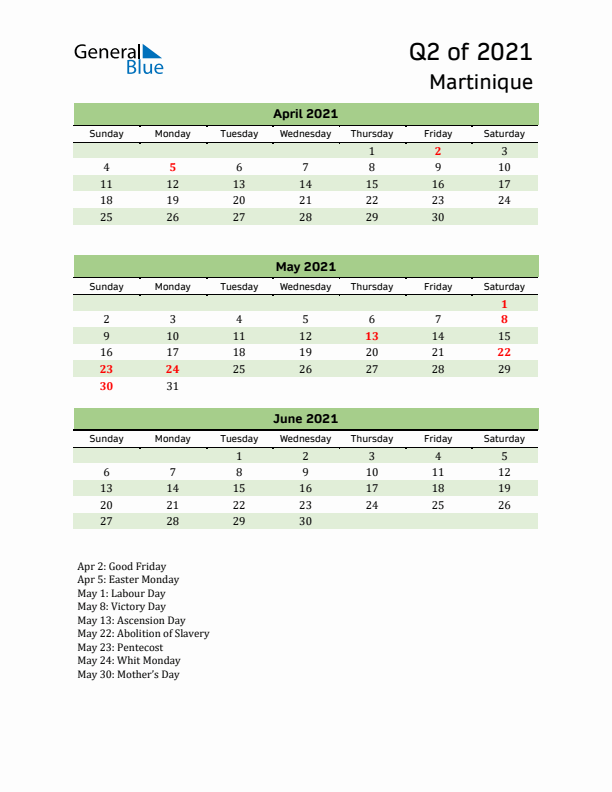 Quarterly Calendar 2021 with Martinique Holidays