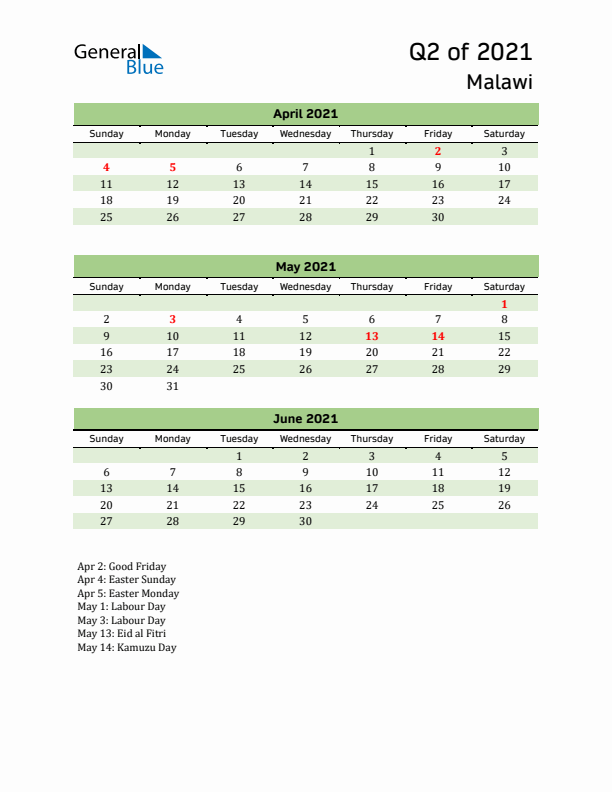 Quarterly Calendar 2021 with Malawi Holidays