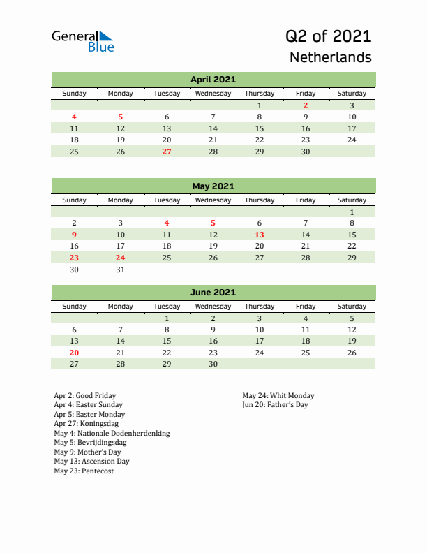 Quarterly Calendar 2021 with The Netherlands Holidays