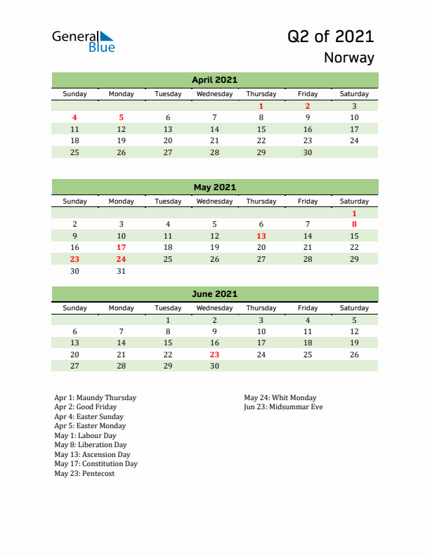 Quarterly Calendar 2021 with Norway Holidays