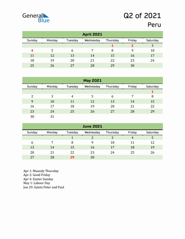 Quarterly Calendar 2021 with Peru Holidays