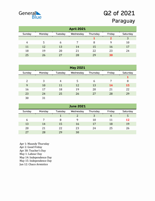 Quarterly Calendar 2021 with Paraguay Holidays