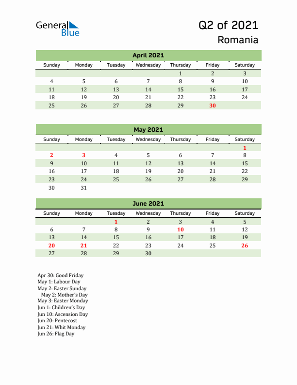 Quarterly Calendar 2021 with Romania Holidays