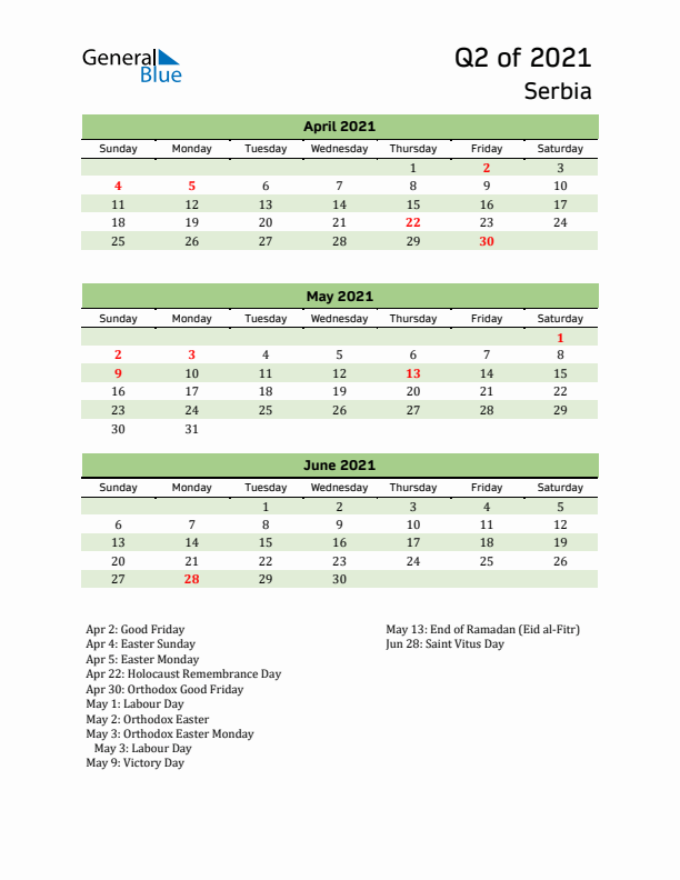 Quarterly Calendar 2021 with Serbia Holidays