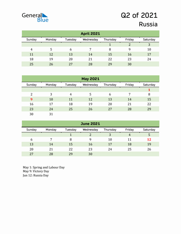 Quarterly Calendar 2021 with Russia Holidays