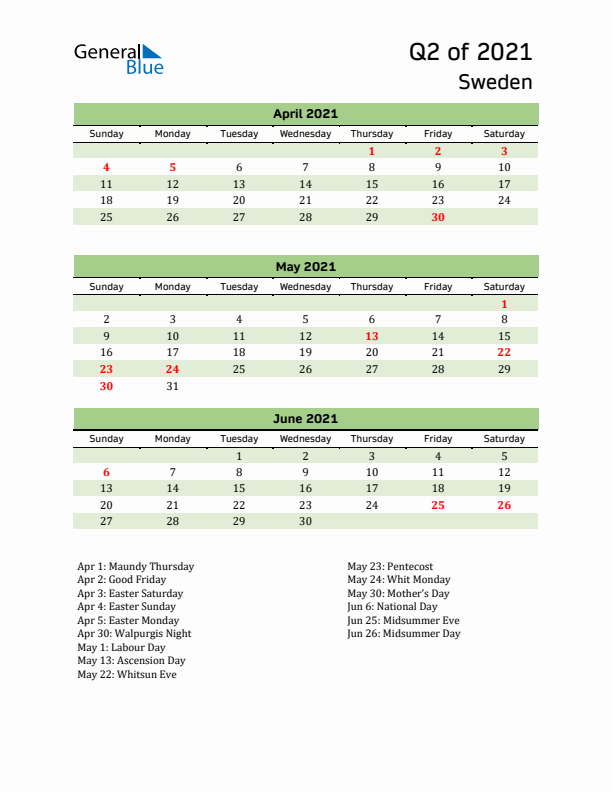 Quarterly Calendar 2021 with Sweden Holidays