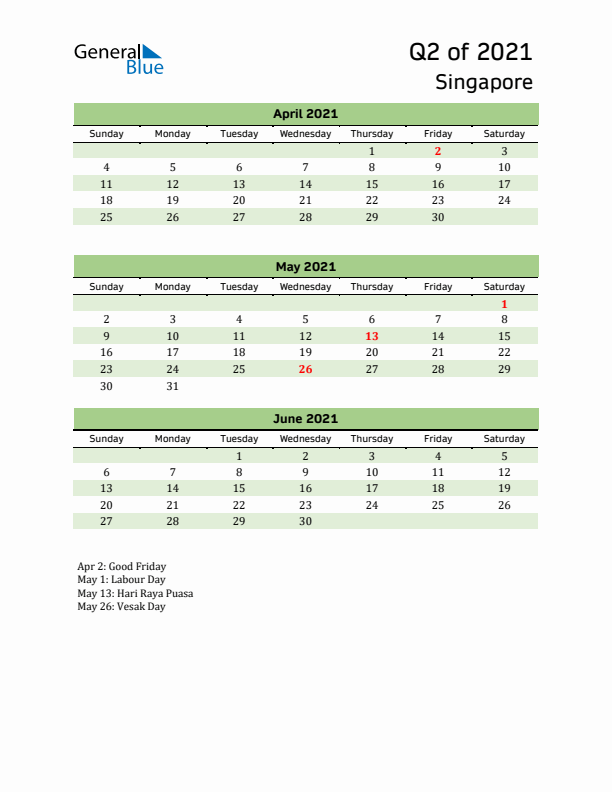 Quarterly Calendar 2021 with Singapore Holidays