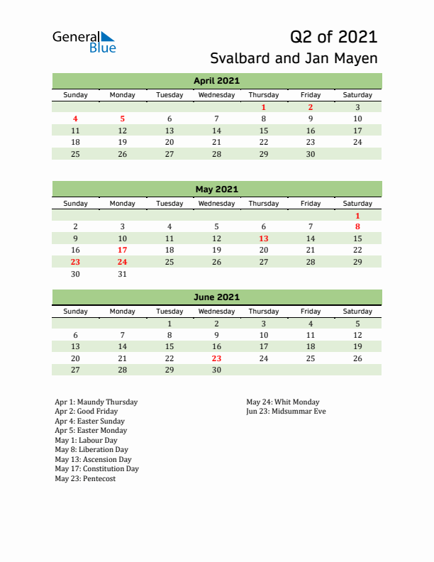 Quarterly Calendar 2021 with Svalbard and Jan Mayen Holidays